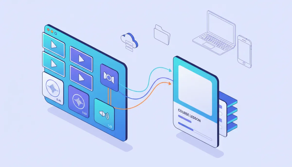 Illustration of a digital media library linking audio and video files into an online course lesson