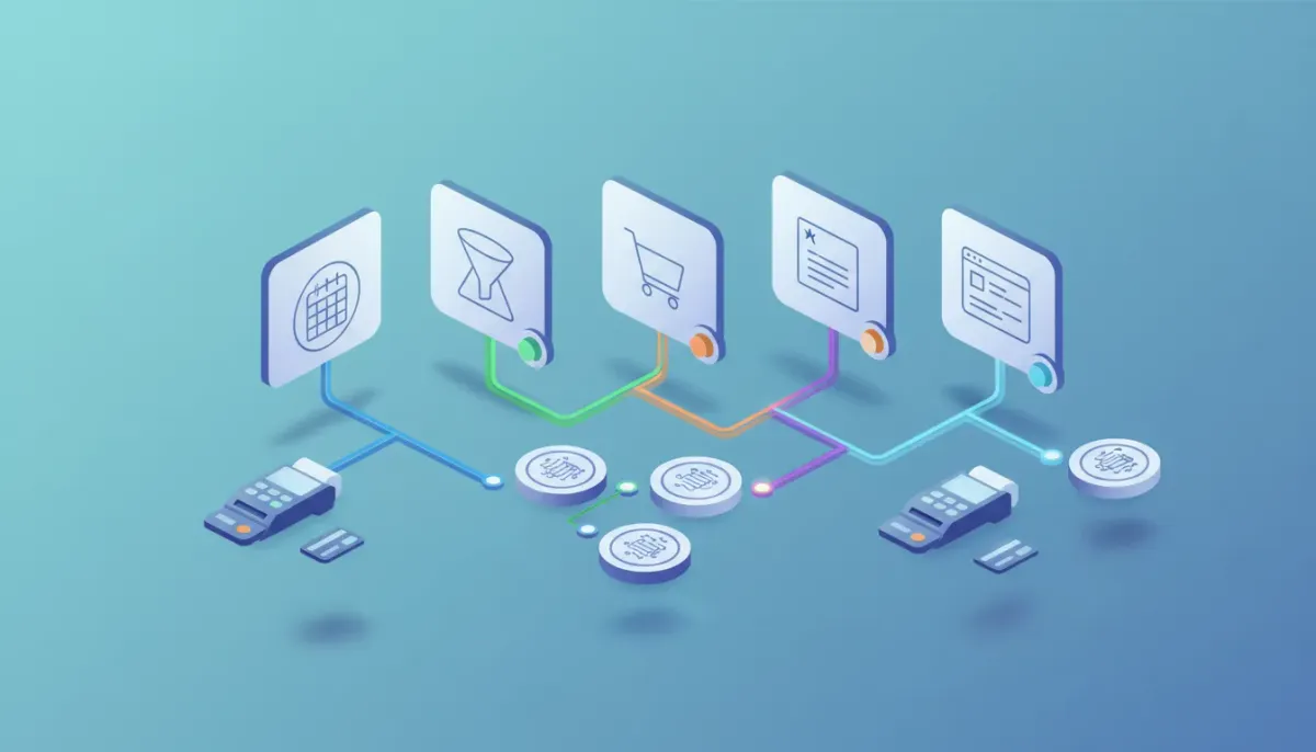 Isometric illustration of a SaaS dashboard showing calendar, funnel, store, invoice and form channels routed by colored lines to different payment terminals/cards with green live and amber t