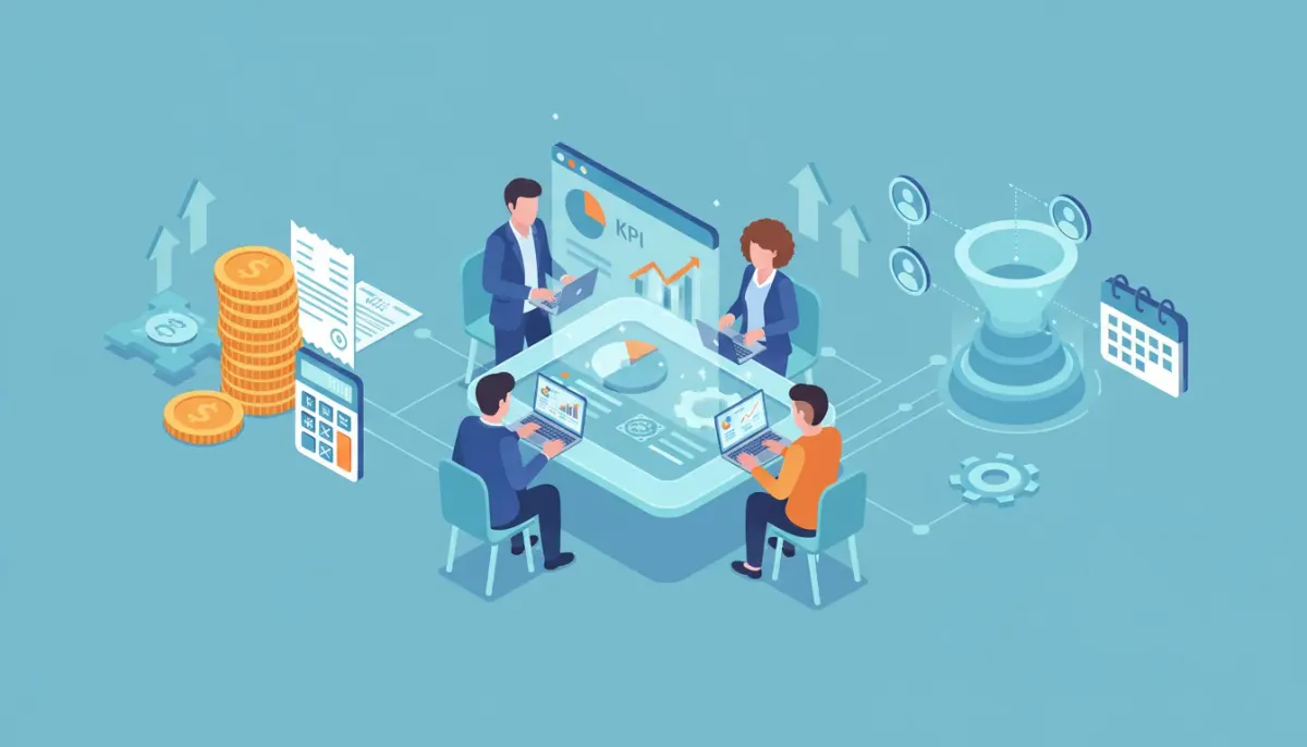 Isometric illustration of a marketing agency team collaborating around KPI dashboards, connected to finances, client nodes, and automated workflows