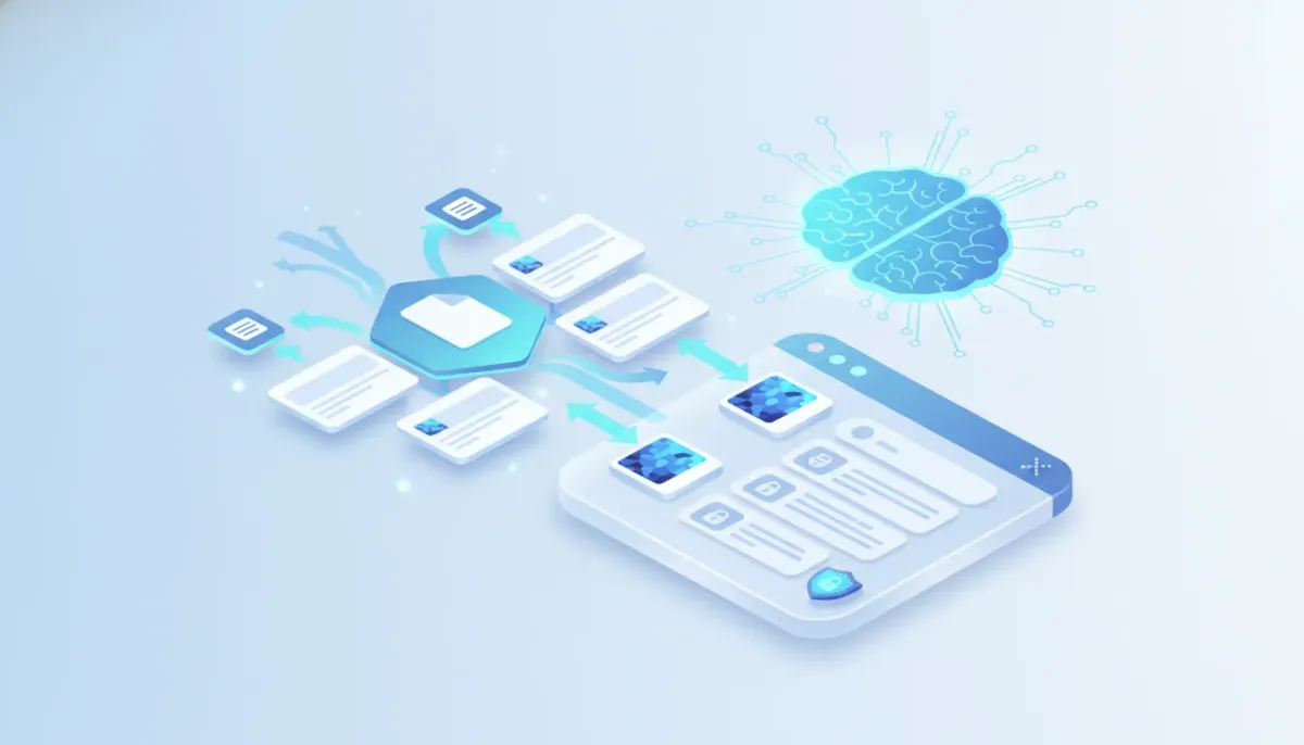 Website live chat widget receiving image and PDF uploads, with a glowing AI network analyzing files and routing them to an automated dashboard, security shield visible