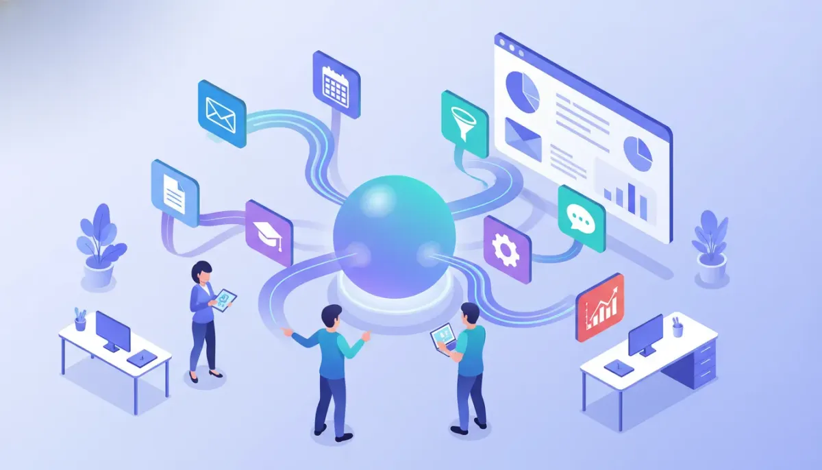 Isometric illustration of an agency consolidating email, calendar, CRM, funnels, billing and courses panels into one glowing unified business operating system hub