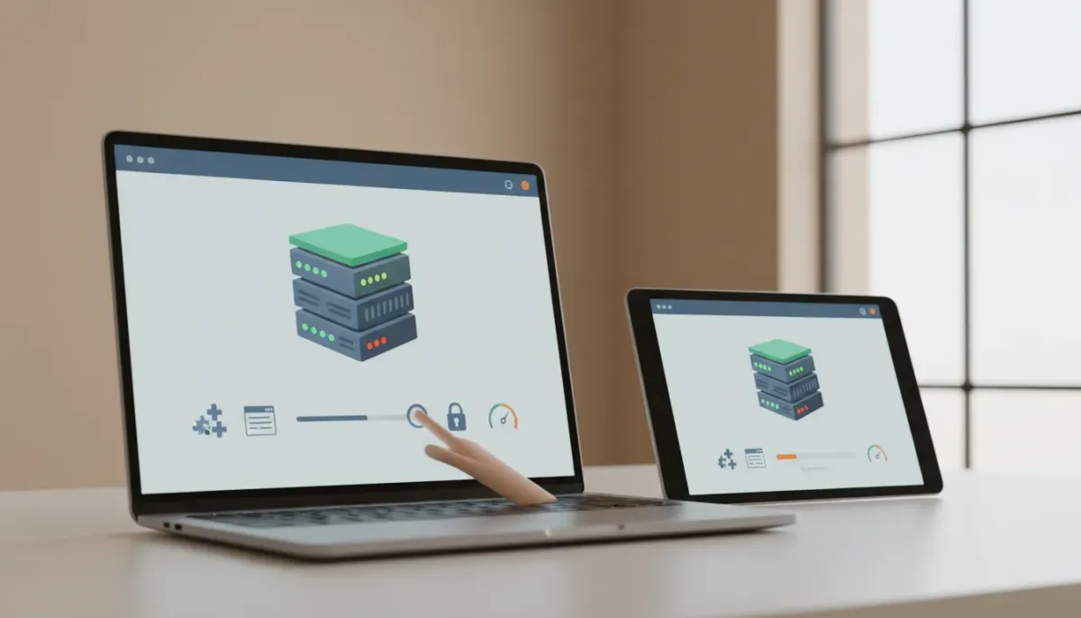 Developer adjusting a PHP runtime on a cloud dashboard: laptop and tablet show server modules with status lights, a slider being moved, plugin puzzle pieces, a padlock for security and a spe