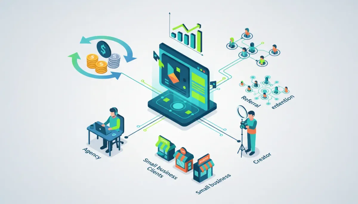 Isometric illustration of a sustainable HighLevel affiliate business: abstract SaaS dashboard linked to agencies, creators and clients with recurring revenue loop, referrals and growth visua