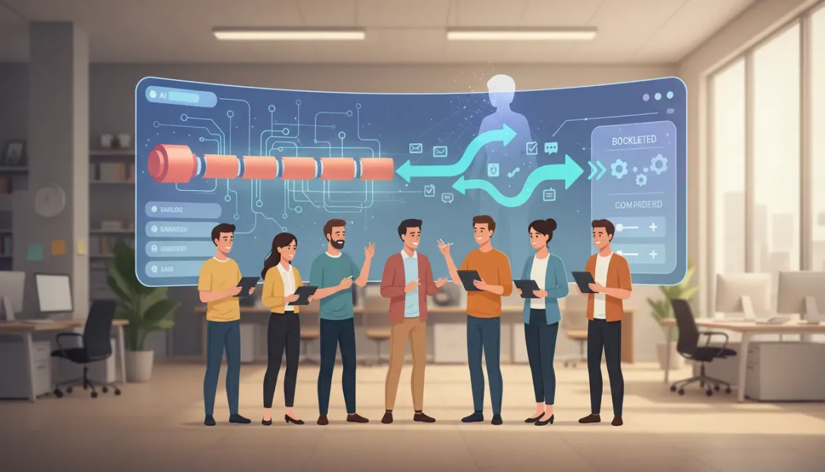 Diverse agency team with an abstract AI assistant unblocking a pipeline of tasks so people focus on decisions