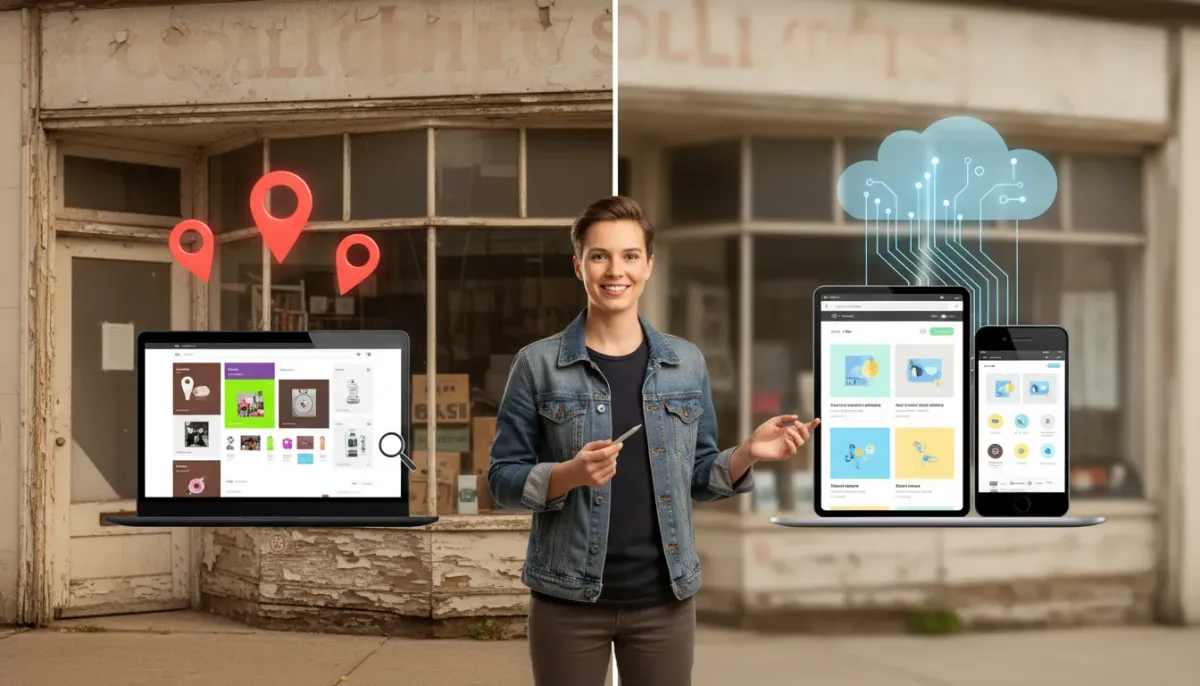 Split-screen showing an outdated local business website on the left and a sleek AI-built redesign on the right with a designer presenting the new site and map pins indicating local businesse