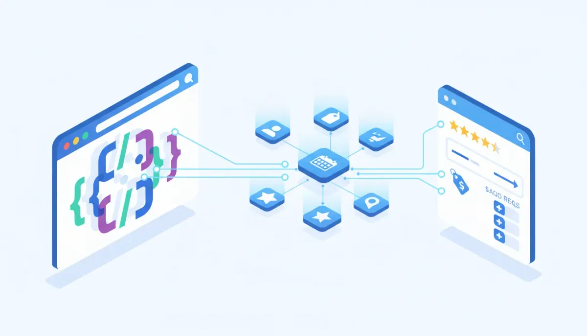 Isometric illustration of JSON-LD schema markup connecting a website browser window to search engine rich results via glowing semantic nodes for people, products, events and reviews