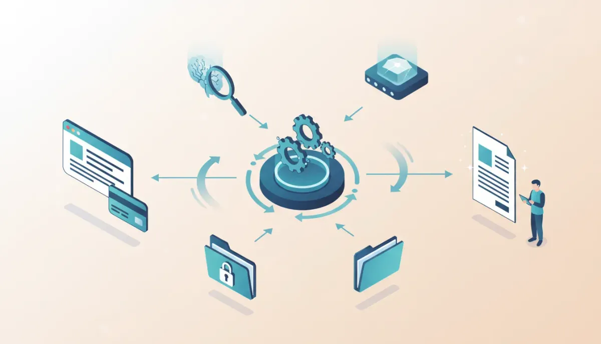 Isometric illustration of automated client onboarding pipeline linking GoHighLevel intake, n8n orchestration, Perplexity research, AI analysis, cloud storage, and a polished client report