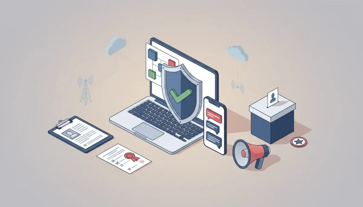 Isometric illustration of a laptop and smartphone with a verification shield, documents, carrier towers and campaign icons representing toll-free verification for political campaigns
