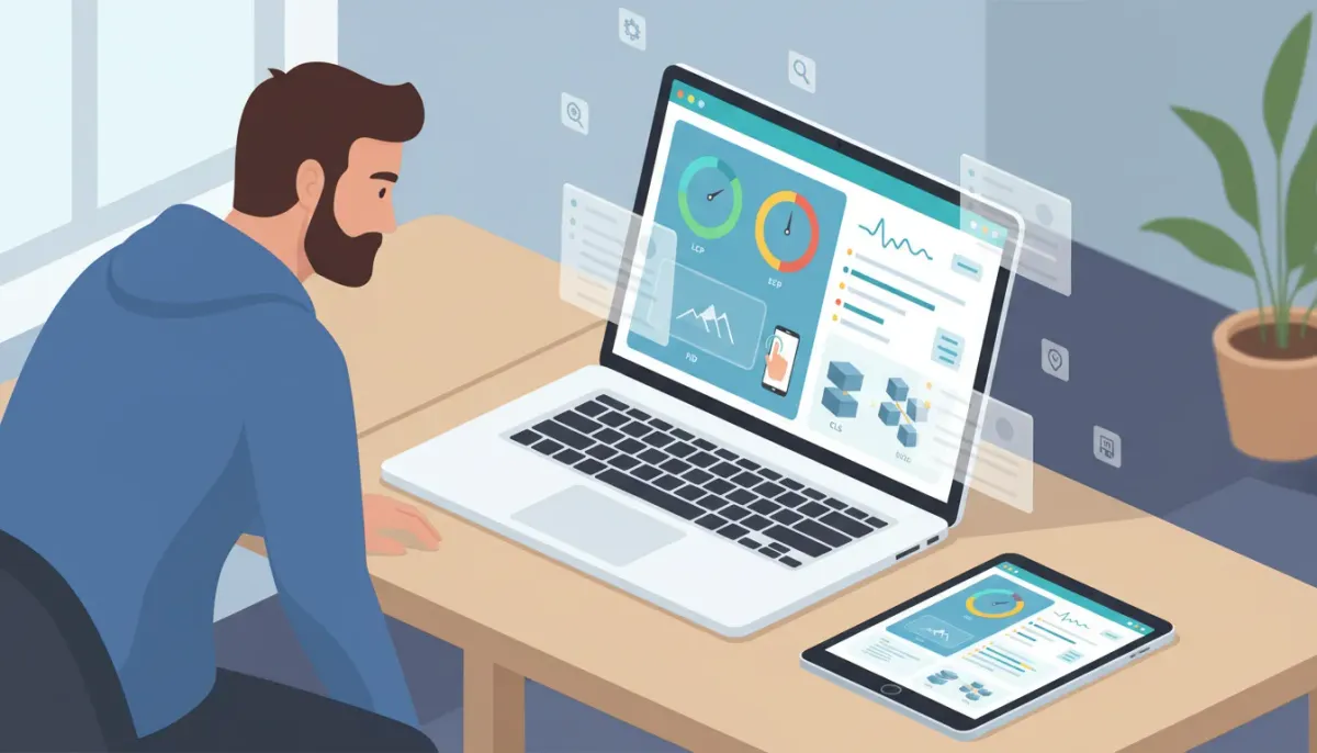Stylized dashboard showing WordPress site performance in a HighLevel-like interface with speed gauges, Core Web Vitals charts, and a person analyzing results