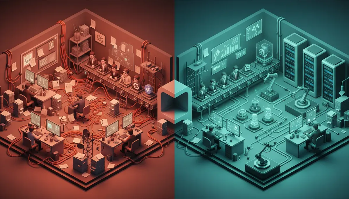 Isometric illustration showing a digital agency capped at five clients: chaotic overloaded left with piled tickets and exhausted staff, center bottleneck with five clients, right streamlined
