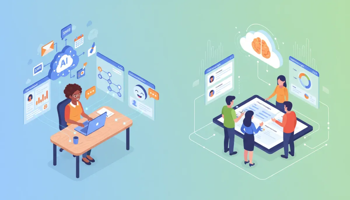 Illustration of AI-powered marketing automation connecting a small business and agency with CRM panels, chatbots, and content workflows