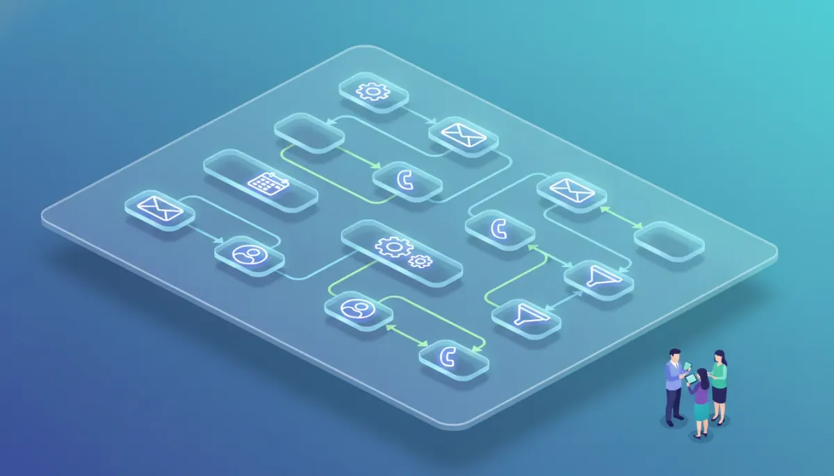Isometric illustration of a horizontal node-based workflow with parallel automation branches and icons (email, calendar, phone, gear, user) representing HighLevel advanced workflow builder f