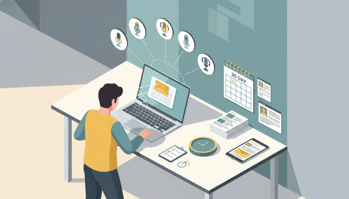 Content creator at a desk sending five podcast pitches during a 90-minute sprint, surrounded by a 30-day calendar and stacked repurposed content assets like blog pages, social cards, and ema