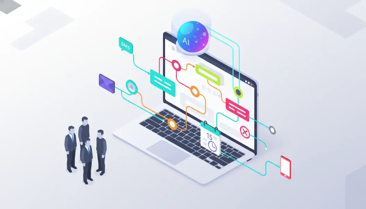 Isometric illustration of an automated Auto AI follow-up flow in HighLevel Flow Builder showing a flowchart on a device screen, an AI holographic assistant, multichannel message icons, a cal