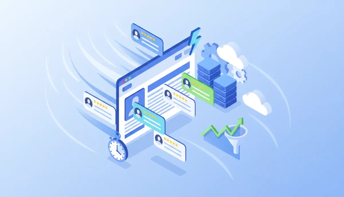 Isometric illustration of a fast-loading website with floating testimonial widgets, server infrastructure, and an upward analytics graph, symbolizing faster reputation widgets improving conv