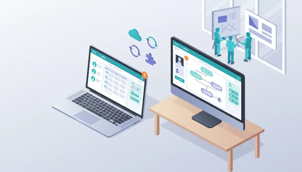 Isometric illustration of a laptop and monitor showing a native CRM desktop app with visual automation flow, cloud sync icons, notification badge, and agency team collaboration
