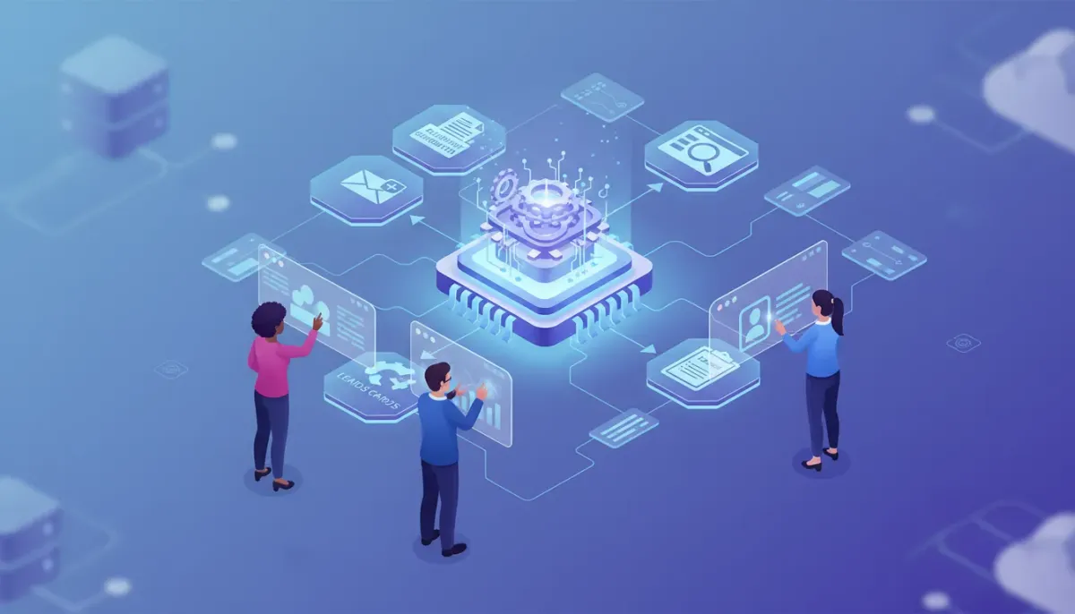 Isometric illustration of an AI core connecting to workflow nodes for email, documents, web scraping and leads, with an agency team interacting with holographic panels