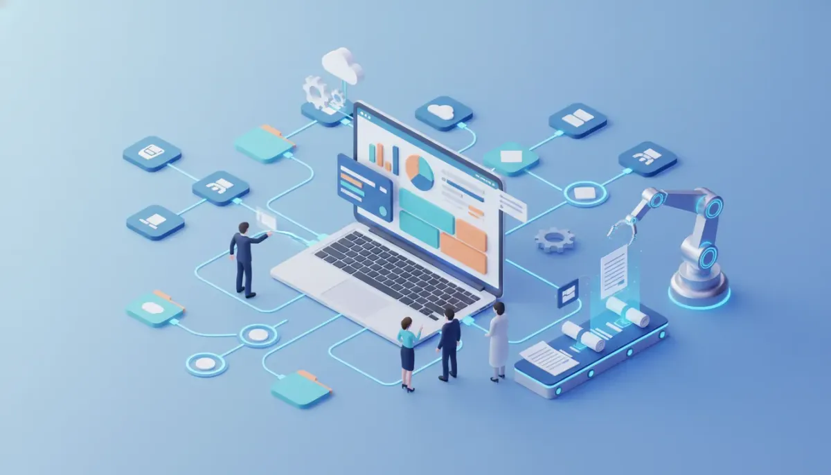 Isometric illustration of automated marketing audit reports flowing from a CRM dashboard to multiple client accounts with gears, glowing workflow lines, and agency team members