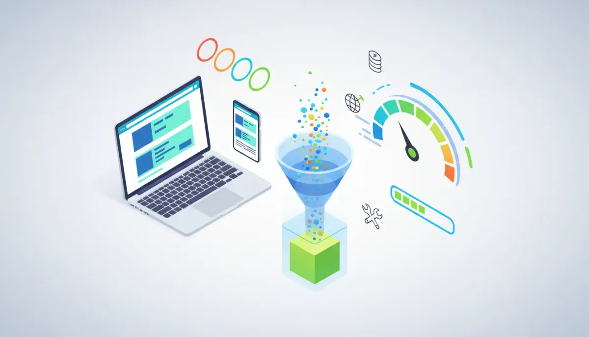 Illustration of website and funnel speed optimization showing laptop and mobile with a speedometer, funnel, progress bars and performance icons representing faster page speed and improved co