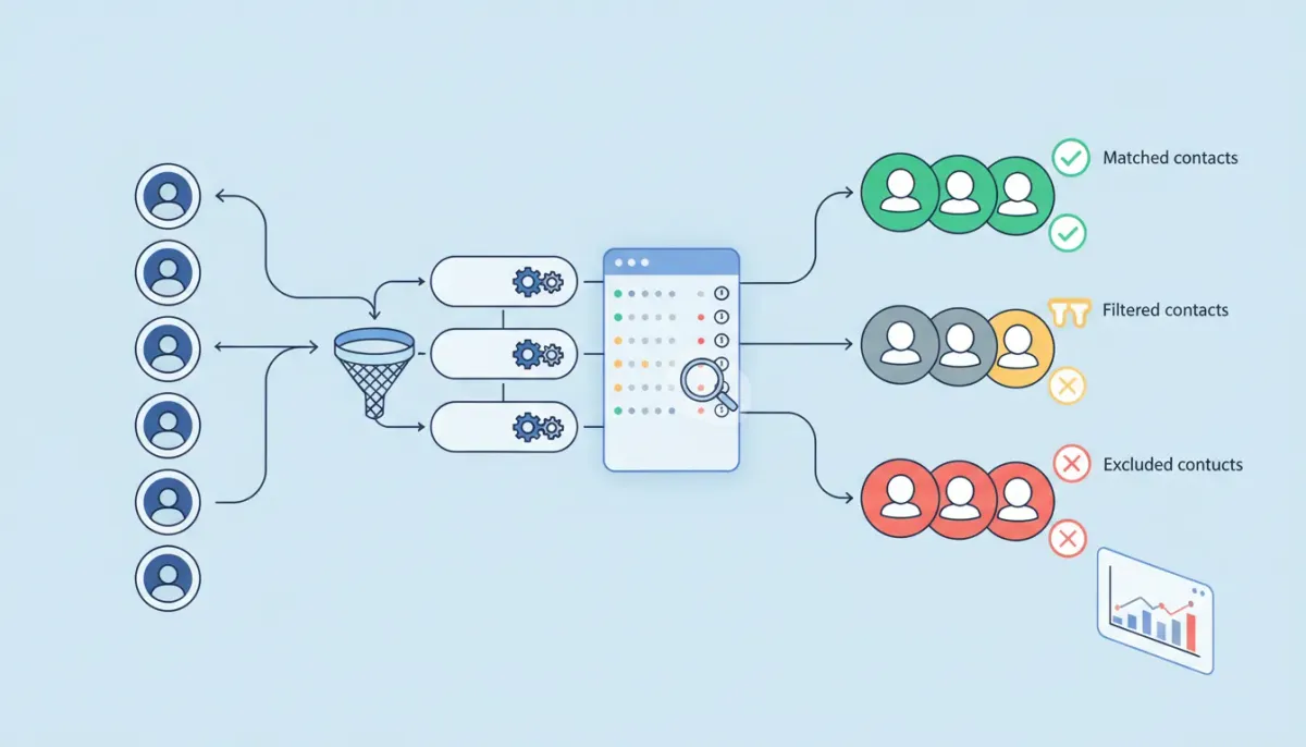 Vector illustration of a workflow funnel showing contacts entering and splitting into matched, filtered, and excluded outcomes with analytics and a magnifying glass