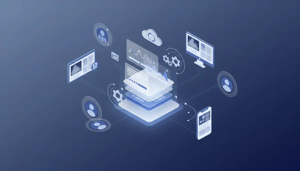 Isometric illustration of an agency deploying LinkedIn ad campaign templates via HighLevel snapshots across multiple client accounts, showing template cards, client connections, charts, and 
