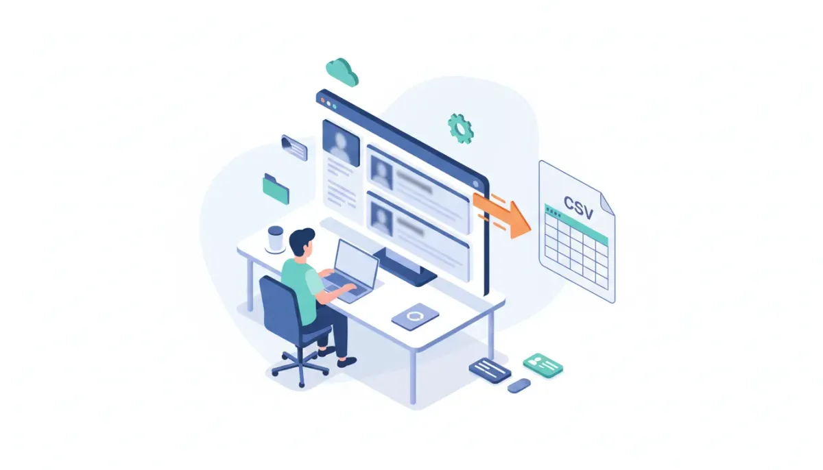 Isometric illustration of a CRM dashboard exporting company records to a CSV spreadsheet with an arrow, laptop and workflow icons — visual concept for agencies exporting data