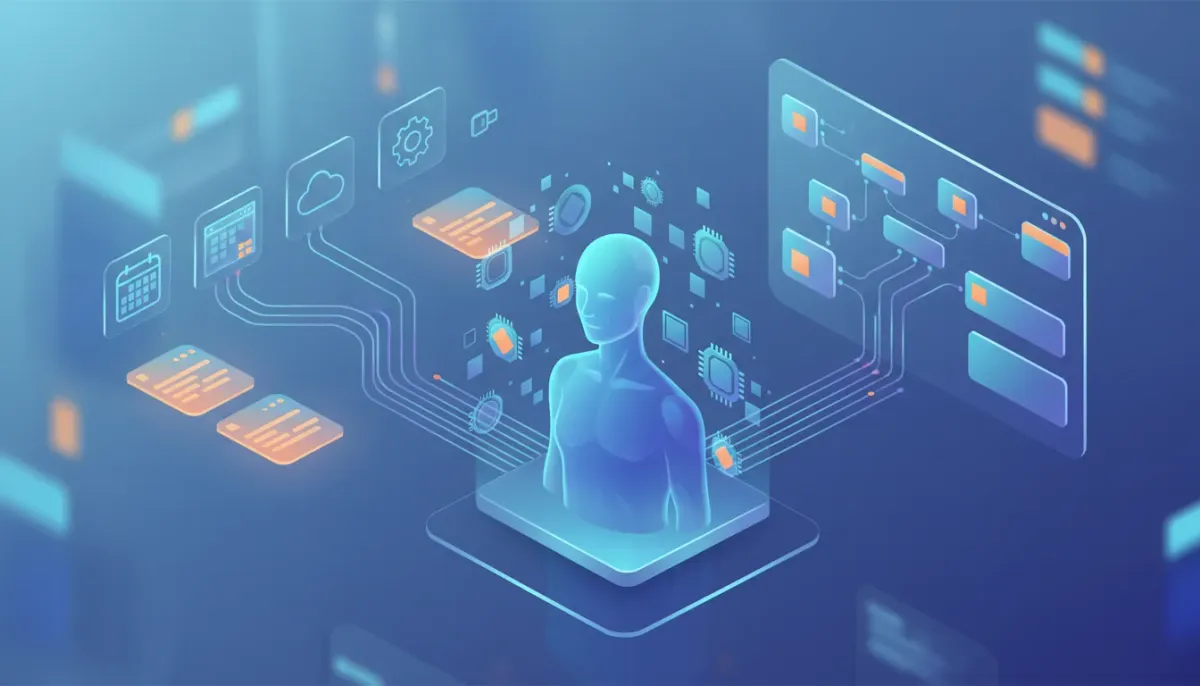 Abstract illustration of an AI agent studio dashboard showing a central virtual assistant with reusable custom value tokens and glowing data streams connecting multiple variable sources like