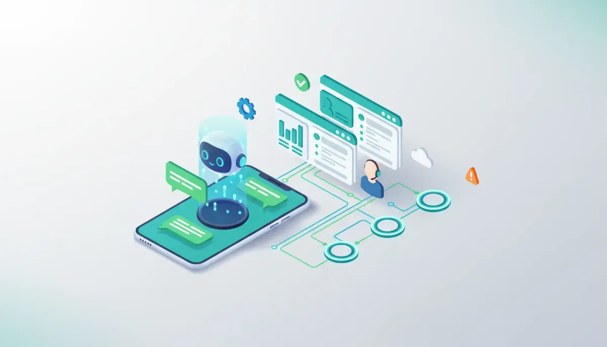 Isometric illustration of a smartphone with AI chatbot hologram connected by glowing lines to a CRM dashboard and workflow nodes, with a human agent silhouette and automation icons represent