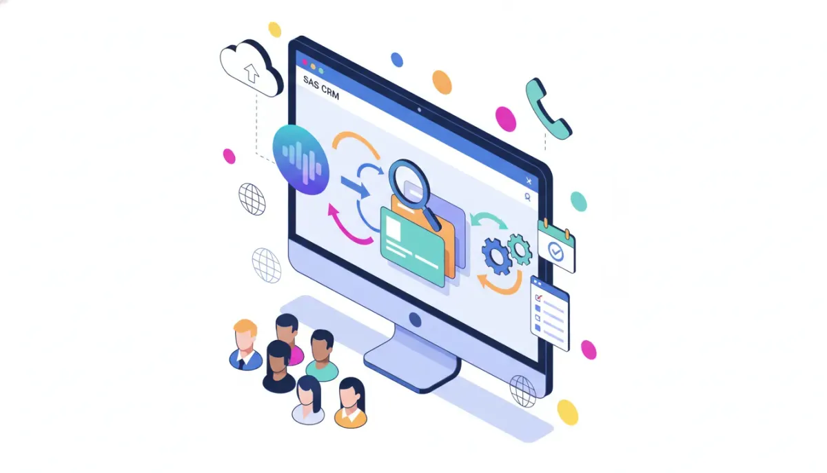 Isometric illustration of a SaaS CRM dashboard converting a colorful call waveform into multiple document cards with language indicators, automation gears, a magnifying glass, cloud and phon