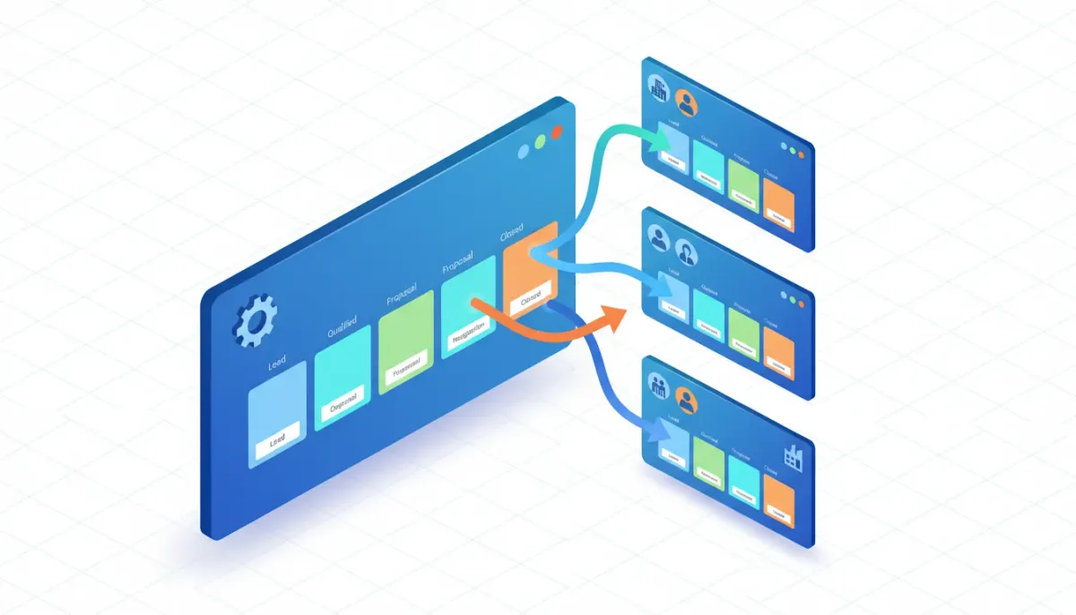 Isometric illustration of a CRM pipeline being duplicated across multiple subaccounts for consistent onboarding and management