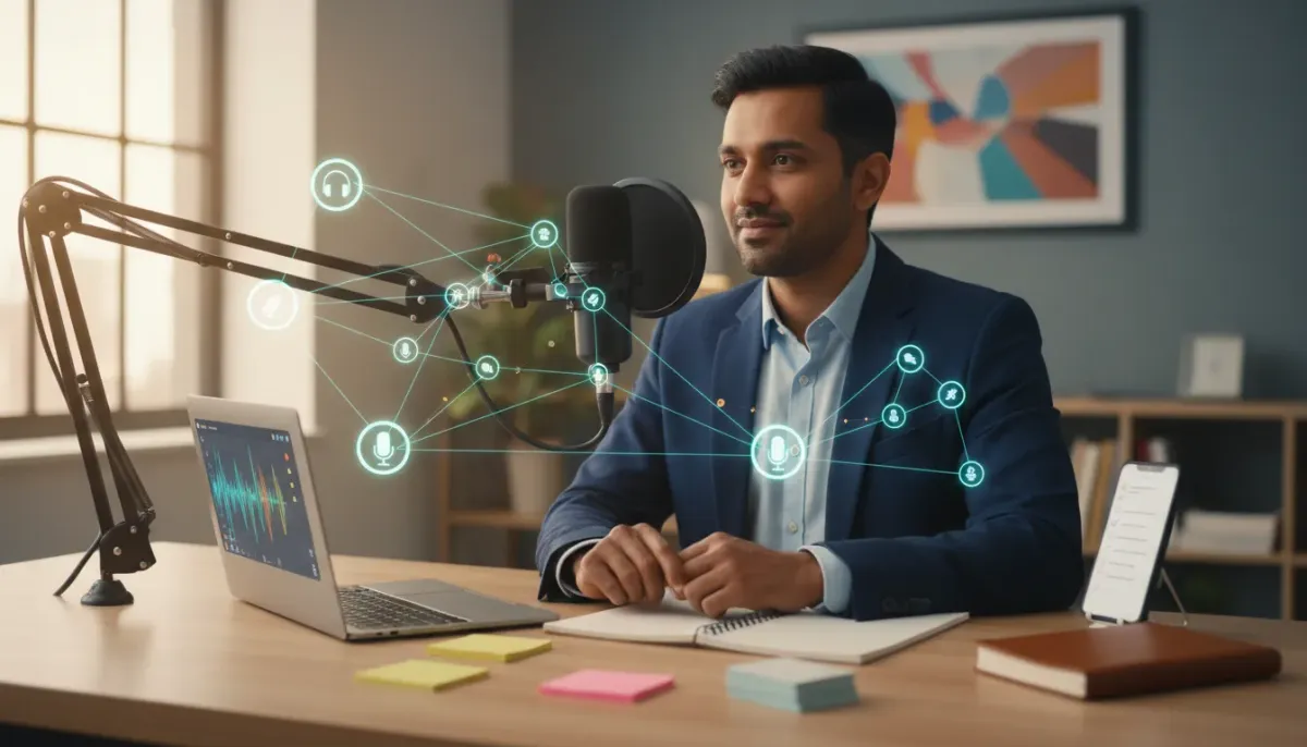 Person preparing podcast outreach at a desk with a microphone, laptop showing audio waveforms, calendar and checklist UI, and a network of podcast icons representing targeted outreach