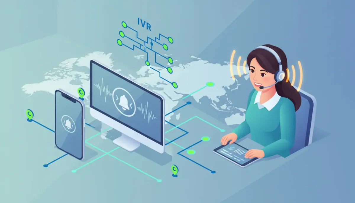Call center agent receiving a private whisper audio prompt via headset while abstract IVR routing and phone network icons illustrate outbound Voice AI scaling across countries