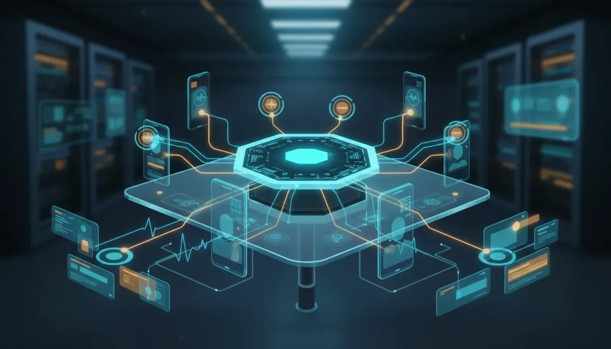 Abstract illustration showing an all-in-one call handling workflow for insurance sales with connected phone handoffs, live transfer signals, and a central dashboard