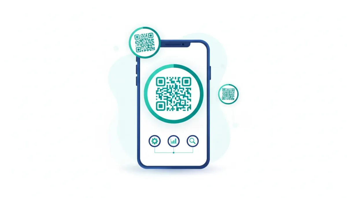 Modern circular QR code shown on a smartphone screen with a clean tech dashboard background, illustrating a design upgrade that looks more brand-friendly.