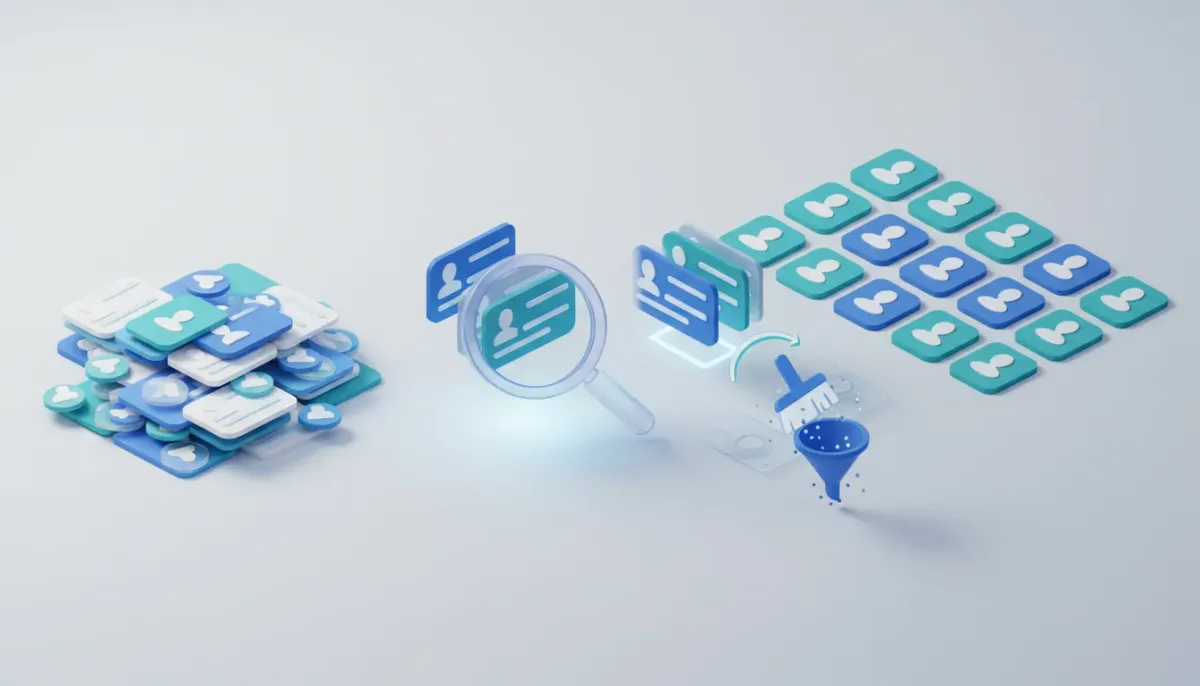 Isometric illustration of duplicate CRM contact cards being identified and merged into a clean contact database