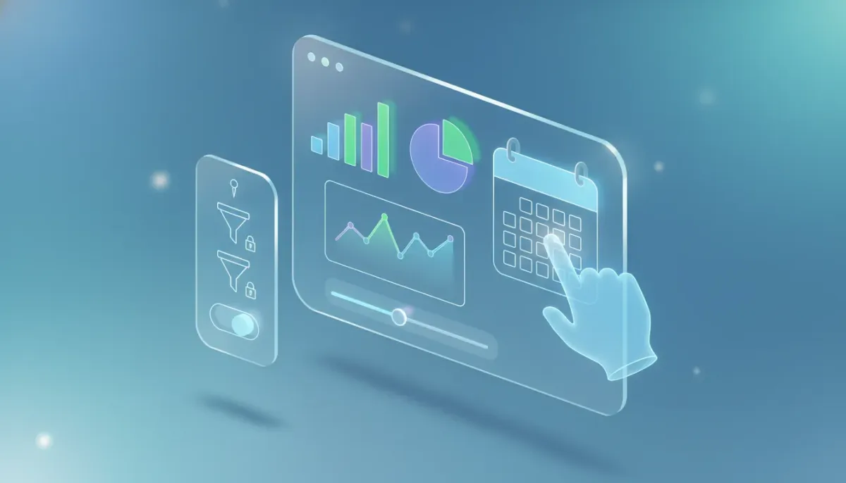 Floating dashboard illustration with a highlighted date range calendar and pinned filter icons showing persistent filters