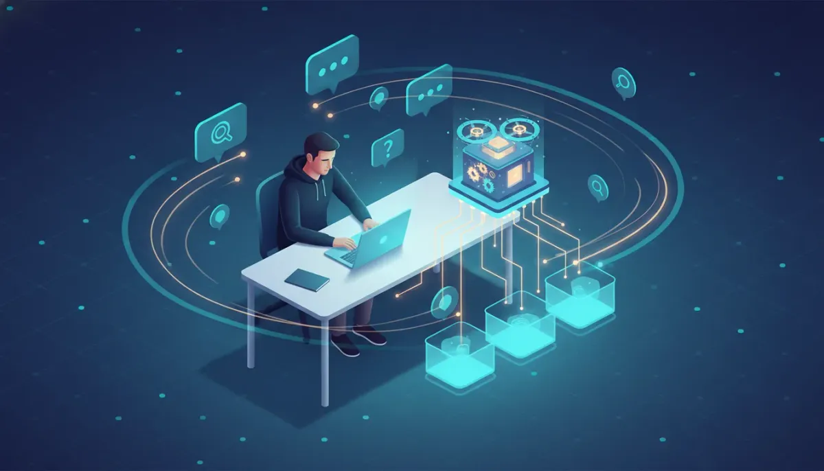 Illustration of a marketer at a laptop with floating search and chat bubbles being automatically gathered by a glowing AI hub