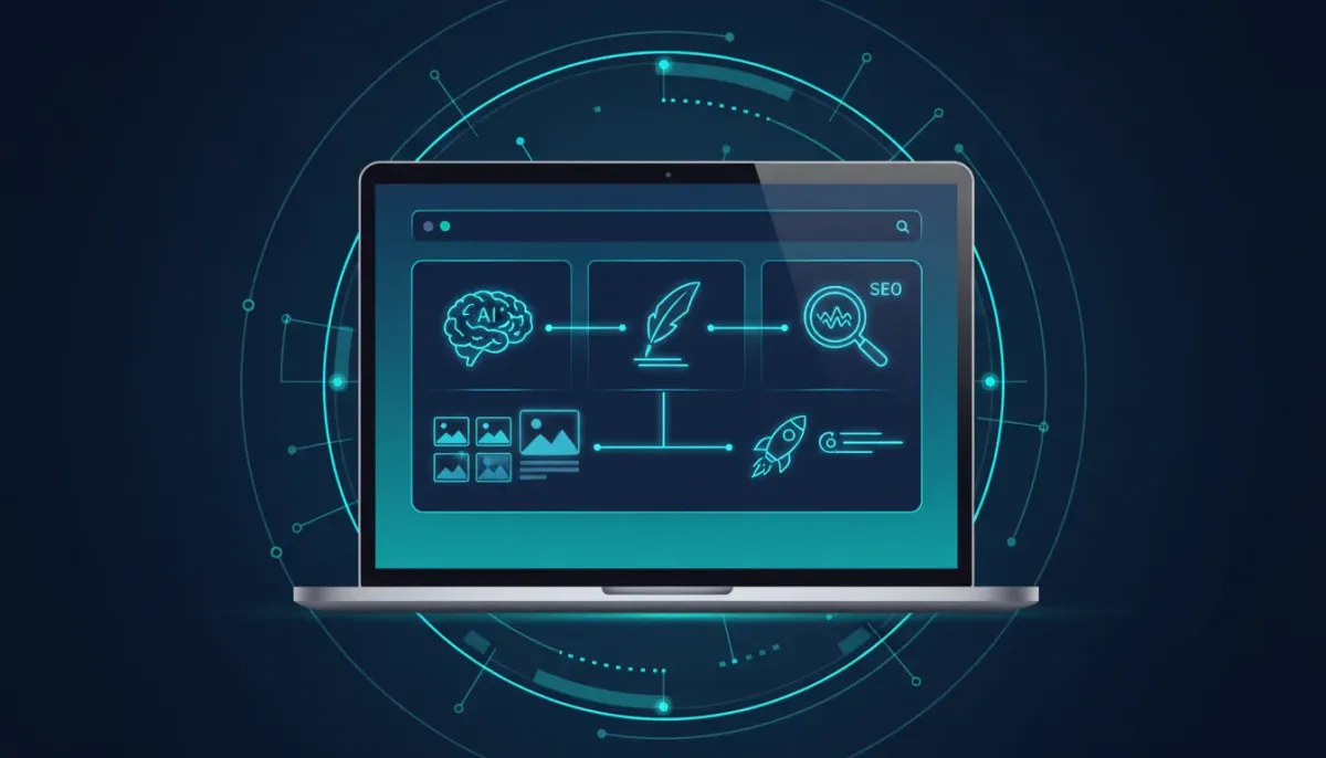 Illustration of an AI writing assistant workflow inside a blog editor, with icons representing SEO and content visuals, shown on a sleek laptop screen without any text.
