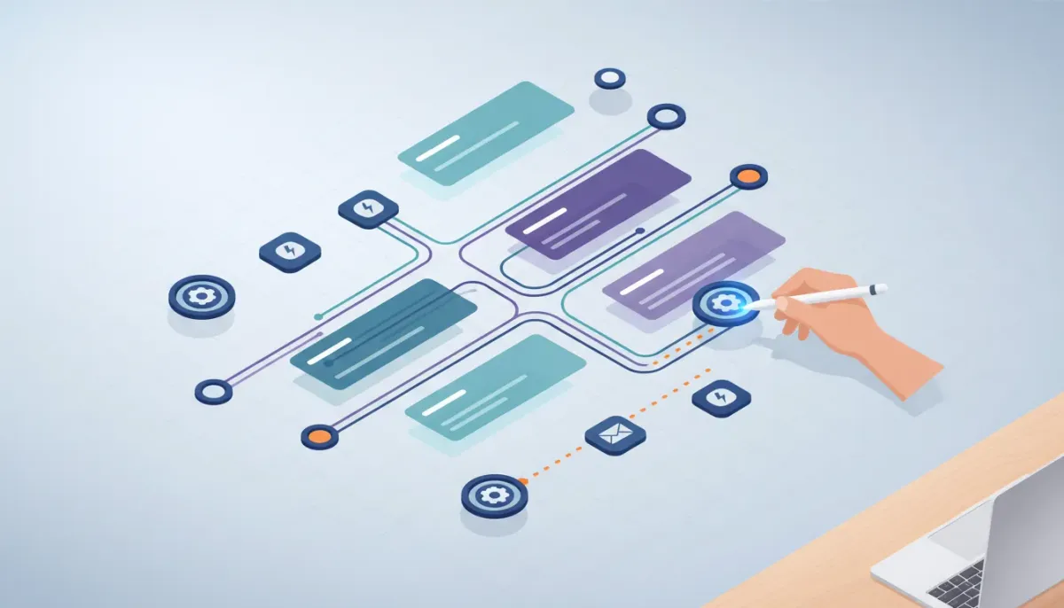 Isometric illustration of a digital whiteboard workflow builder with interconnected colored nodes, parallel branches, and a hand interacting with a node to represent advanced automation desi