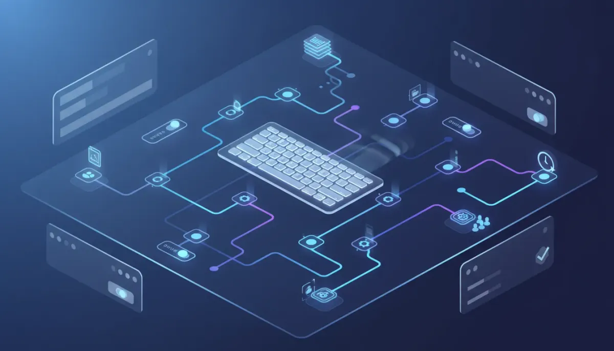 Isometric digital canvas showing interconnected workflow nodes, floating blank keyboard keys, duplicated branches, overlay toggles, automation gears, and a clock