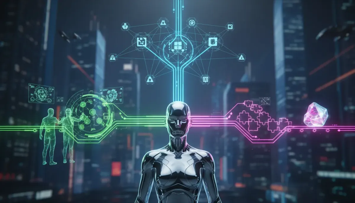 Futuristic illustration showing an AI core with three glowing streams representing connected tools, cowork collaboration, and automated multi-step skills—no text.