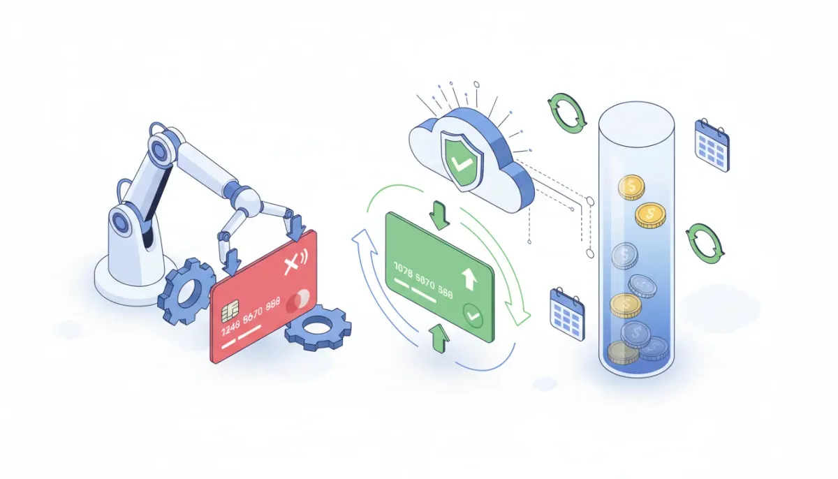 Illustration of automated failed payment recovery for subscriptions in HighLevel with Stripe: a robotic arm and gears restore a declined credit card into a successful charge with circular ar