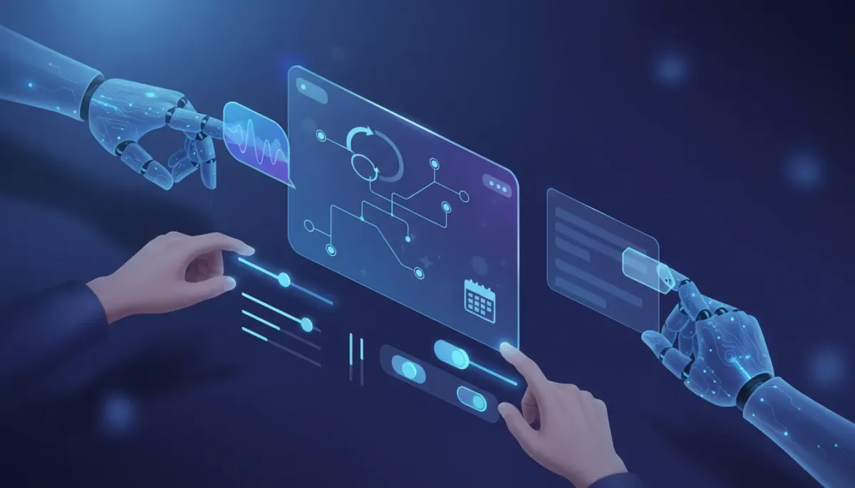 Futuristic illustration of a human and AI jointly adjusting holographic workflow settings—sliders, toggles, calendar, reentry loop and a blank naming tag—symbolizing programmatic control of 
