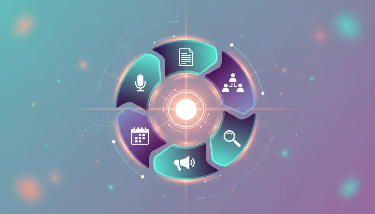 Stylized glowing flywheel with interconnected icons for podcast, article, megaphone, research, events, and audience — a visual metaphor for the visibility flywheel and building a personal br
