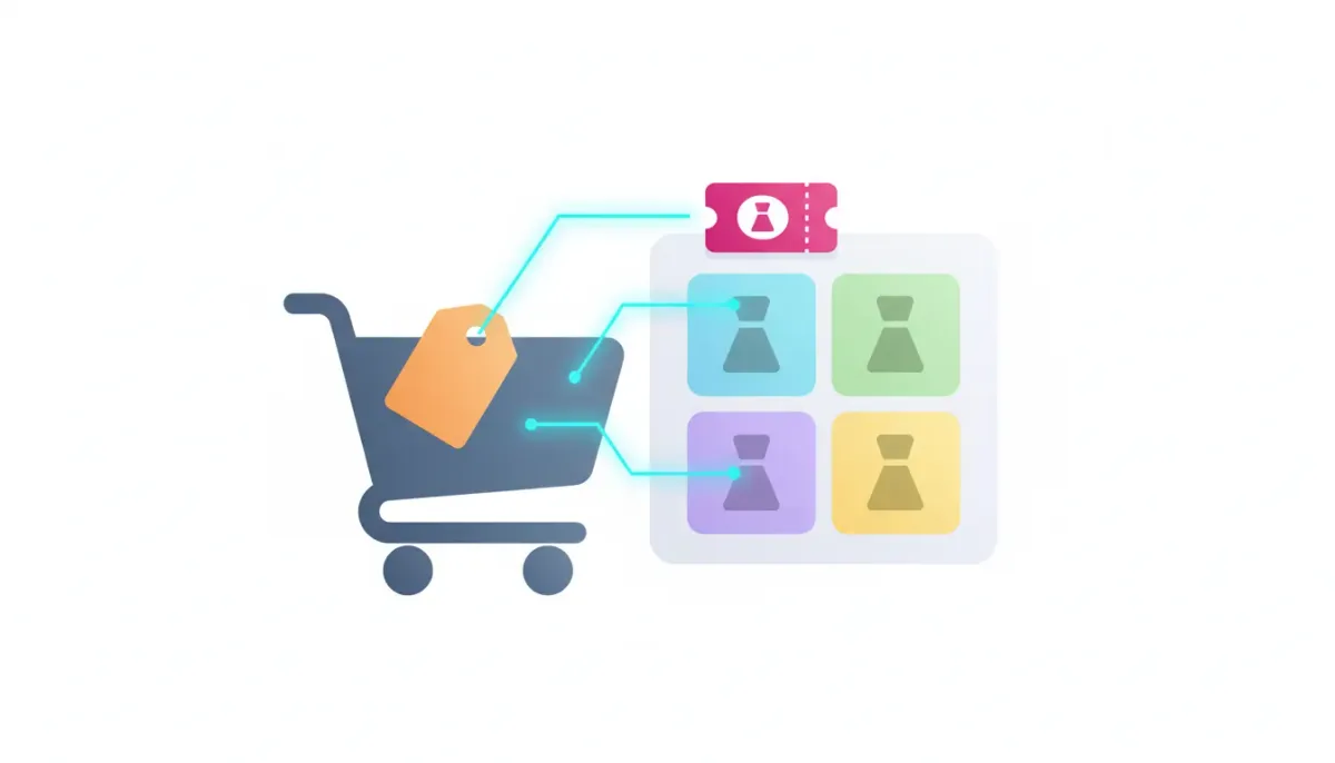 Illustration showing a coupon applying discounts to specific product variant tiles like color and style within a shopping cart, with price tags and glowing connector lines.