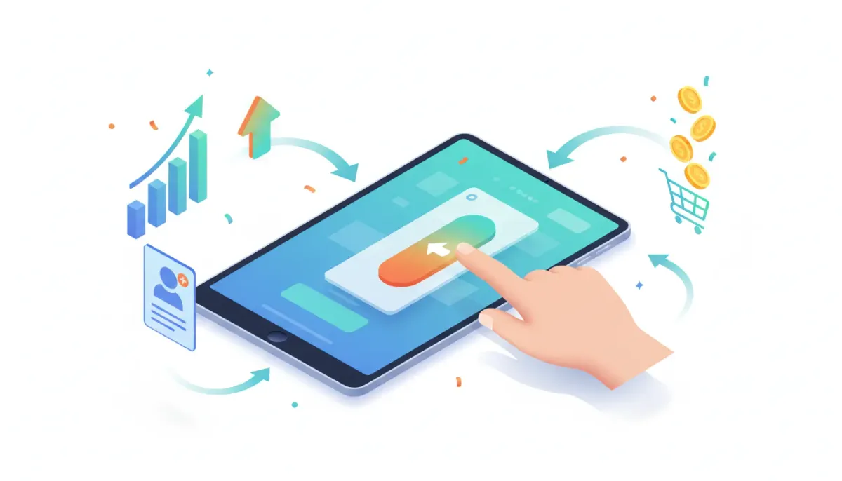 Isometric illustration of a laptop dashboard with a finger clicking a one-click upsell button, rising sales chart, coins, and a shopping cart representing boosted sales with one-click upsell