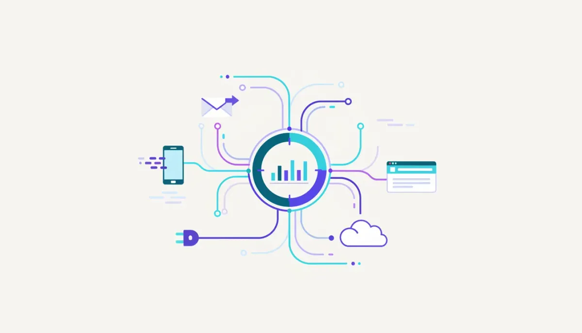 Illustration of inbound webhooks sending external data into a central HighLevel CRM hub with connected integration sources and automated workflow lines.
