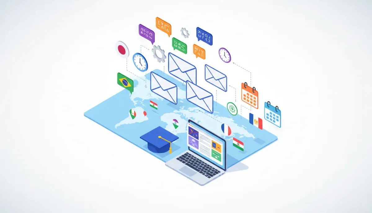Vector illustration of localized course emails: envelopes over a world map with flags, a laptop showing course tiles, gears for automation, clocks and calendar icons, and speech bubbles with