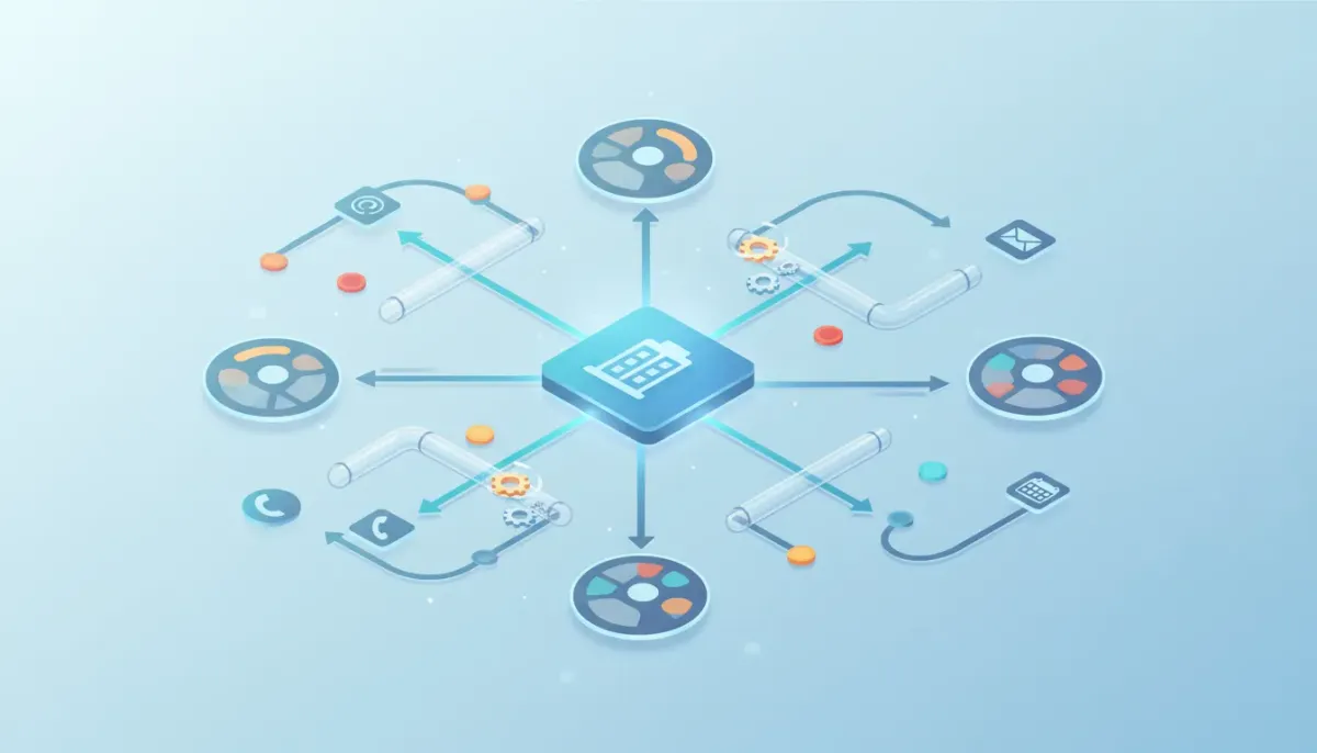 Isometric illustration of a company record linked to contact profiles with routed arrows, automation gears, and colored variable tokens representing personalized workflow routing