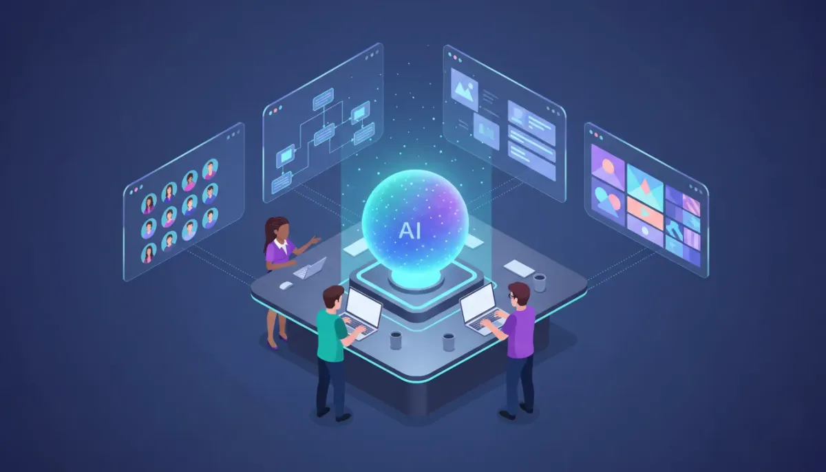 Isometric illustration of an AI workspace inside a marketing platform showing a glowing AI hub linked to CRM panels, automation flowcharts, and marketers collaborating.